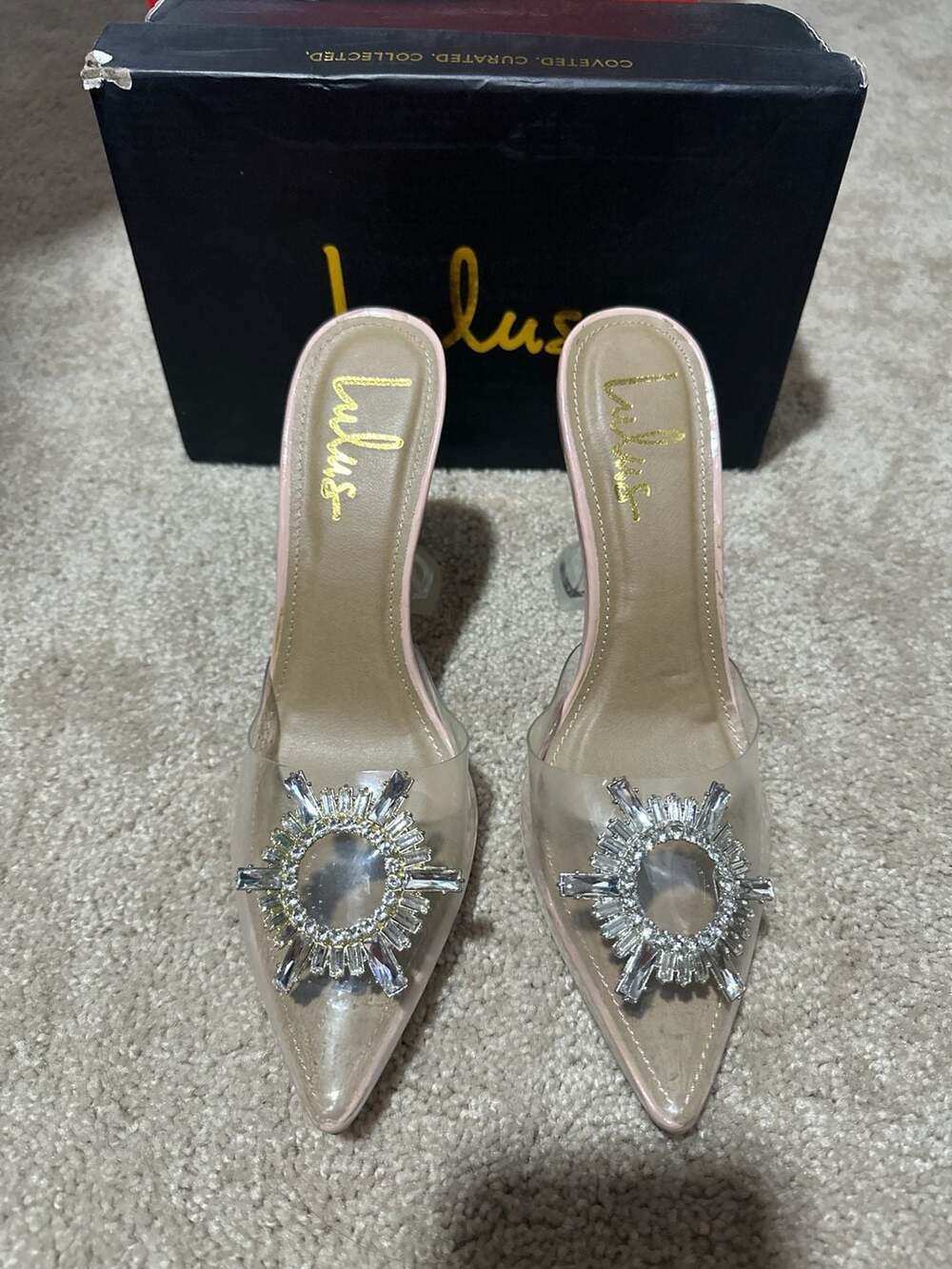 Lulus Midnight Light Nude Rhinestone Clear Vinyl Pointed-Toe Mules